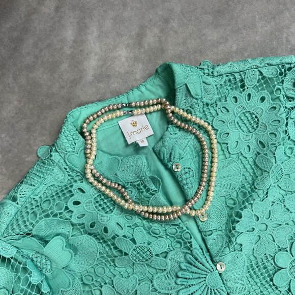 J. Marie Mint Green Floral Lace Dress With 3/4 Sleeves & Scalloped Edges - Picture 6 of 8